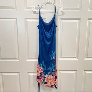 Blue Floral Satin Midi Dress
